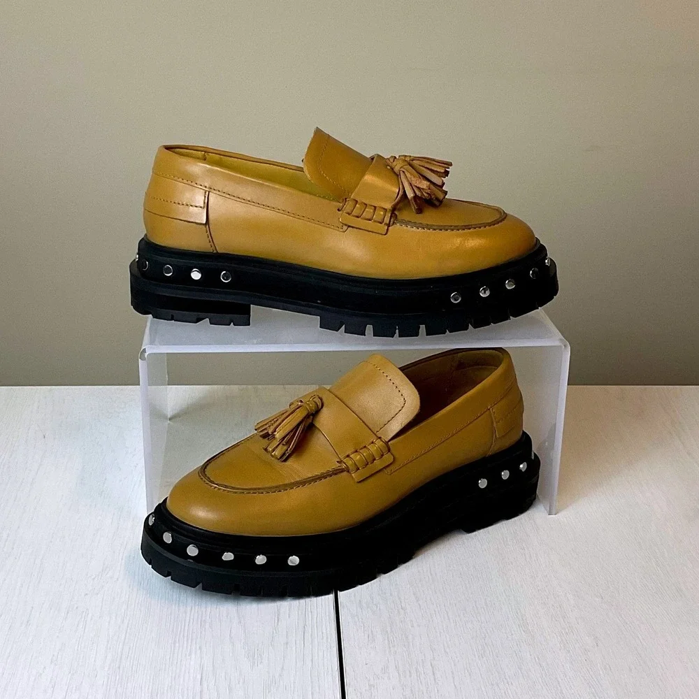 Free People Womens Studded Lug Sole Tassel Loafers Tan Leather 7.5 0004451533 - Picture 3 of 9